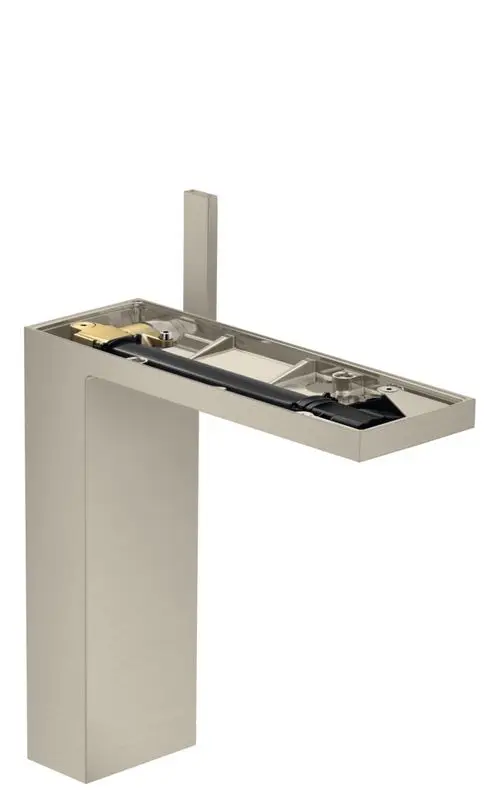 Einhebel-Waschtischmischer in gebürstetem Nickel von AXOR, mit horizontalem Auslauf und integrierter Push-Open Ablaufgarnitur, geeignet für Aufsatzwaschtische.
